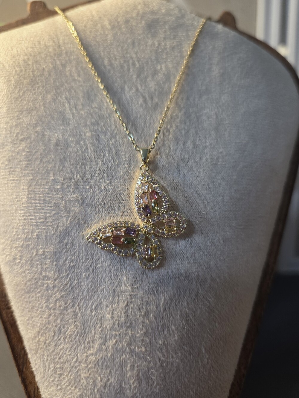 Gold Butterfly Pendant Necklace with Multicolor Stones
